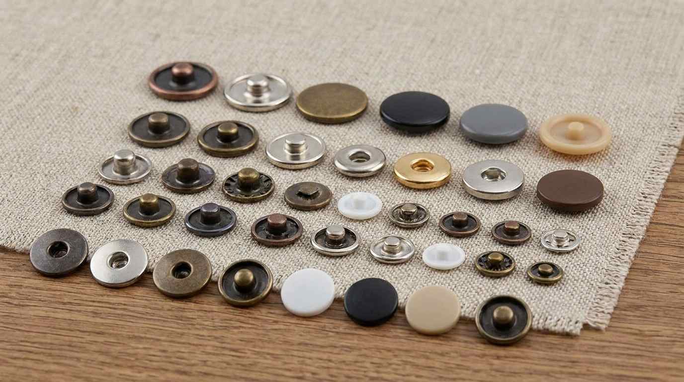OEM snap button manufacturer, An OEM snap button manufacturer can showcase snap buttons in multiple sizes, colors, and finishes like those arranged on the fabric surface.
